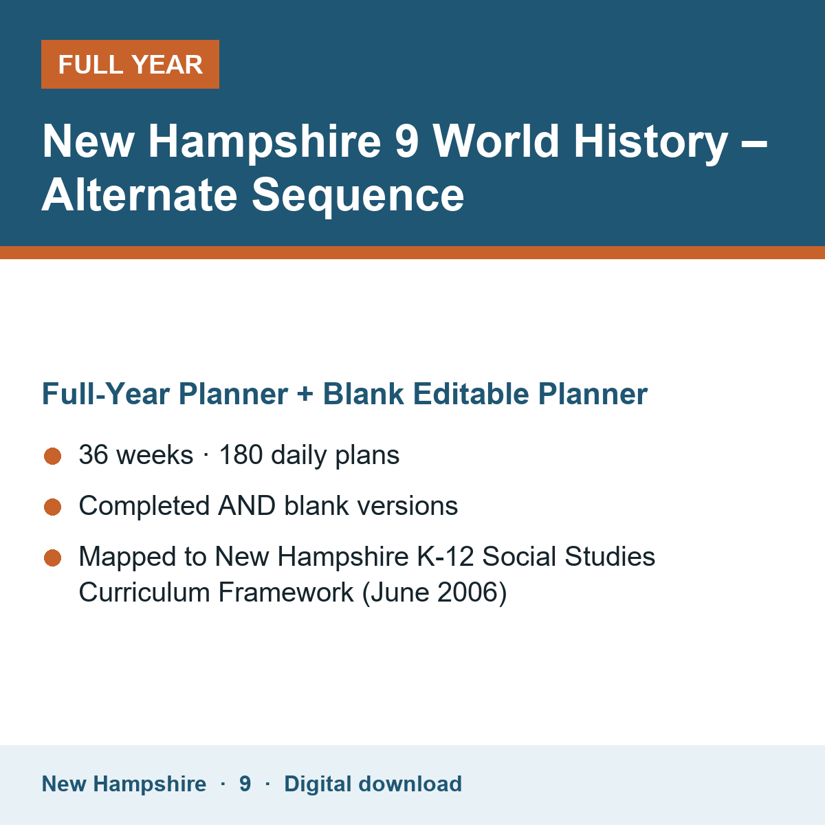 Cover of the New Hampshire Grade 9 World History – Alternate Sequence full-year teacher planner
