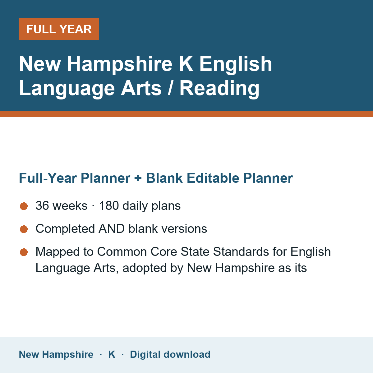 Cover of the New Hampshire Grade K English Language Arts / Reading full-year teacher planner