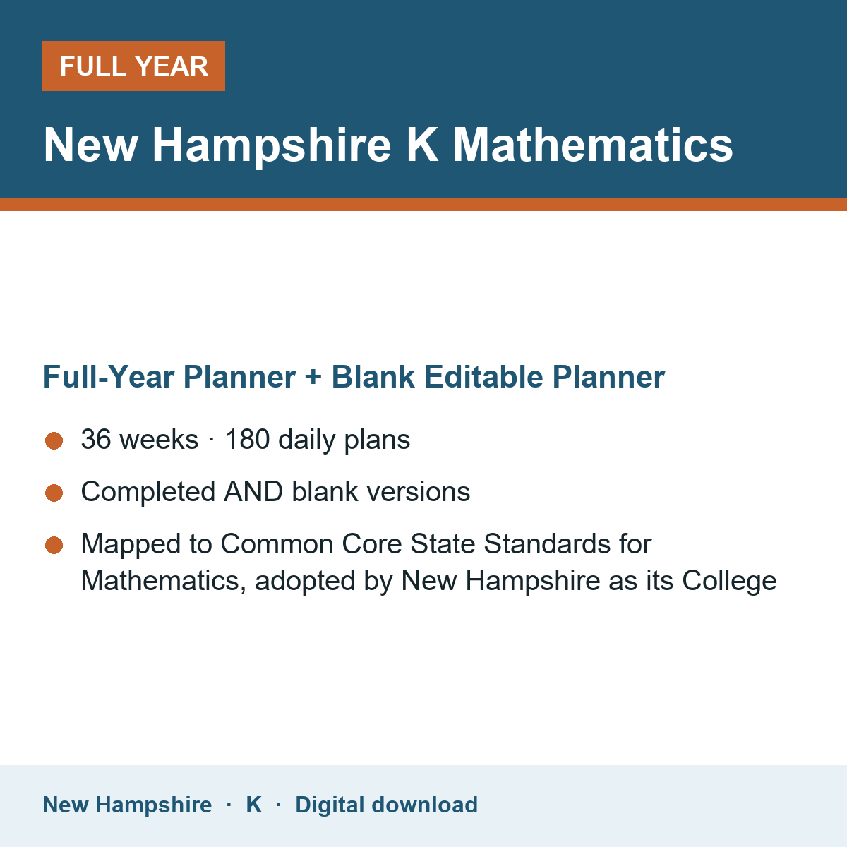 Cover of the New Hampshire Grade K Mathematics full-year teacher planner