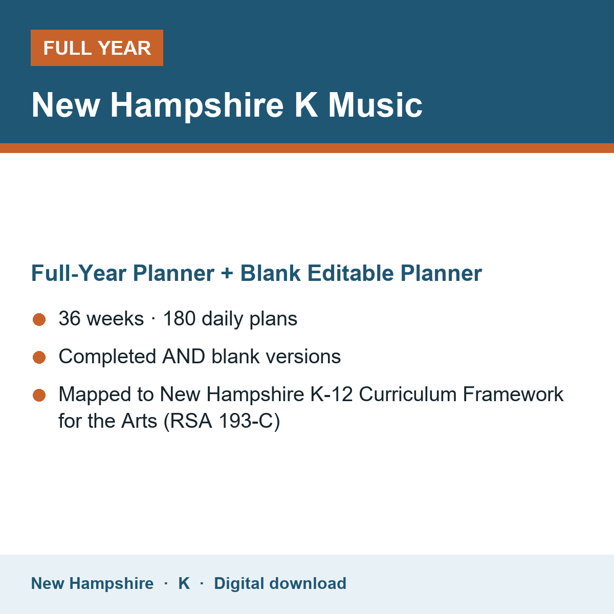 Cover of the New Hampshire Grade K Music full-year teacher planner