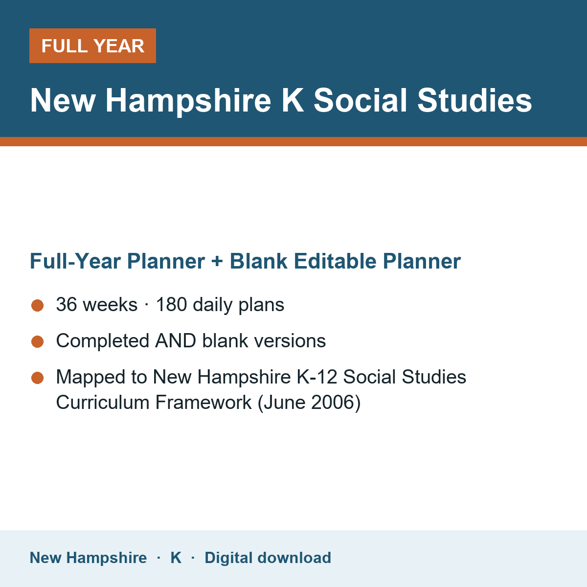 Cover of the New Hampshire Grade K Social Studies full-year teacher planner
