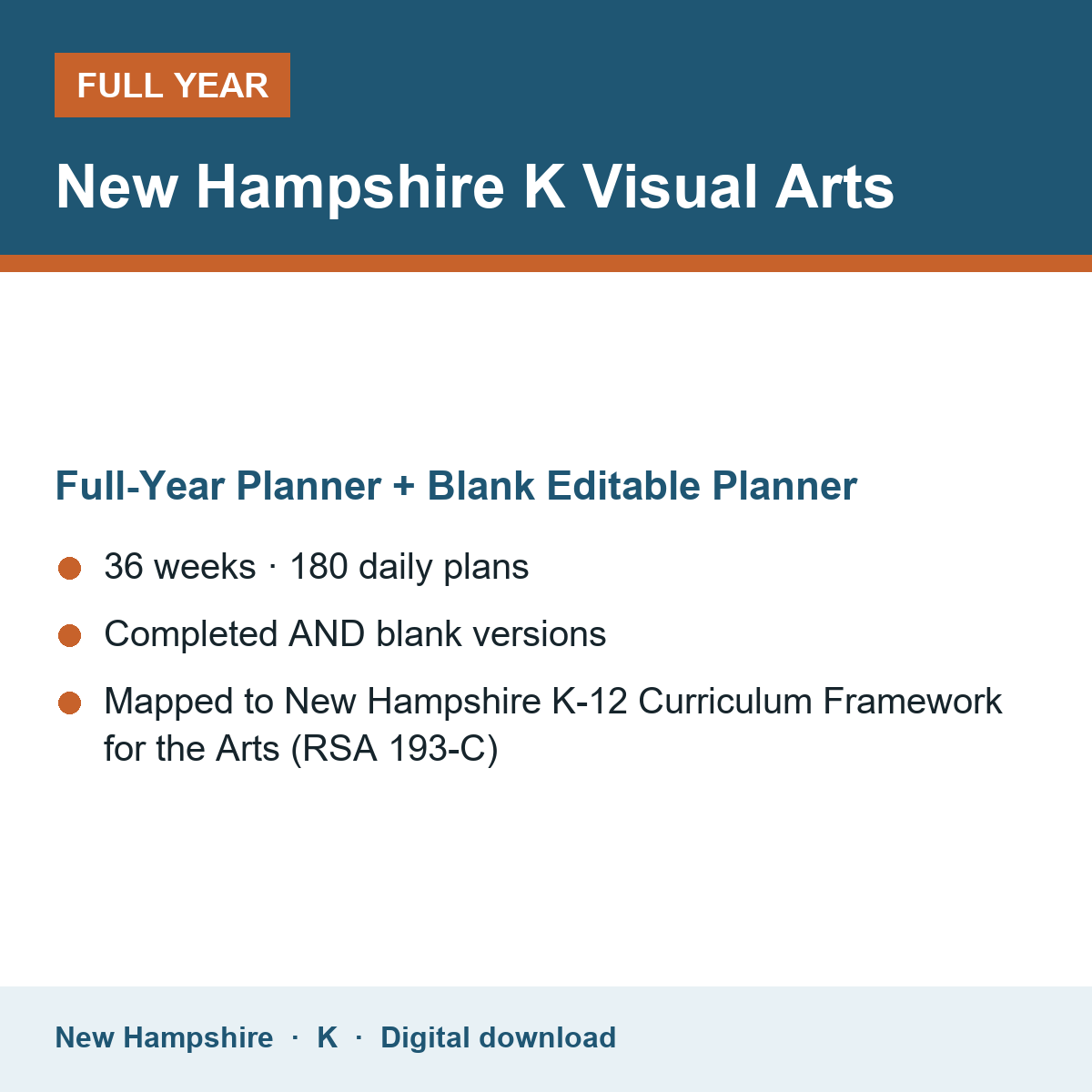 Cover of the New Hampshire Grade K Visual Arts full-year teacher planner