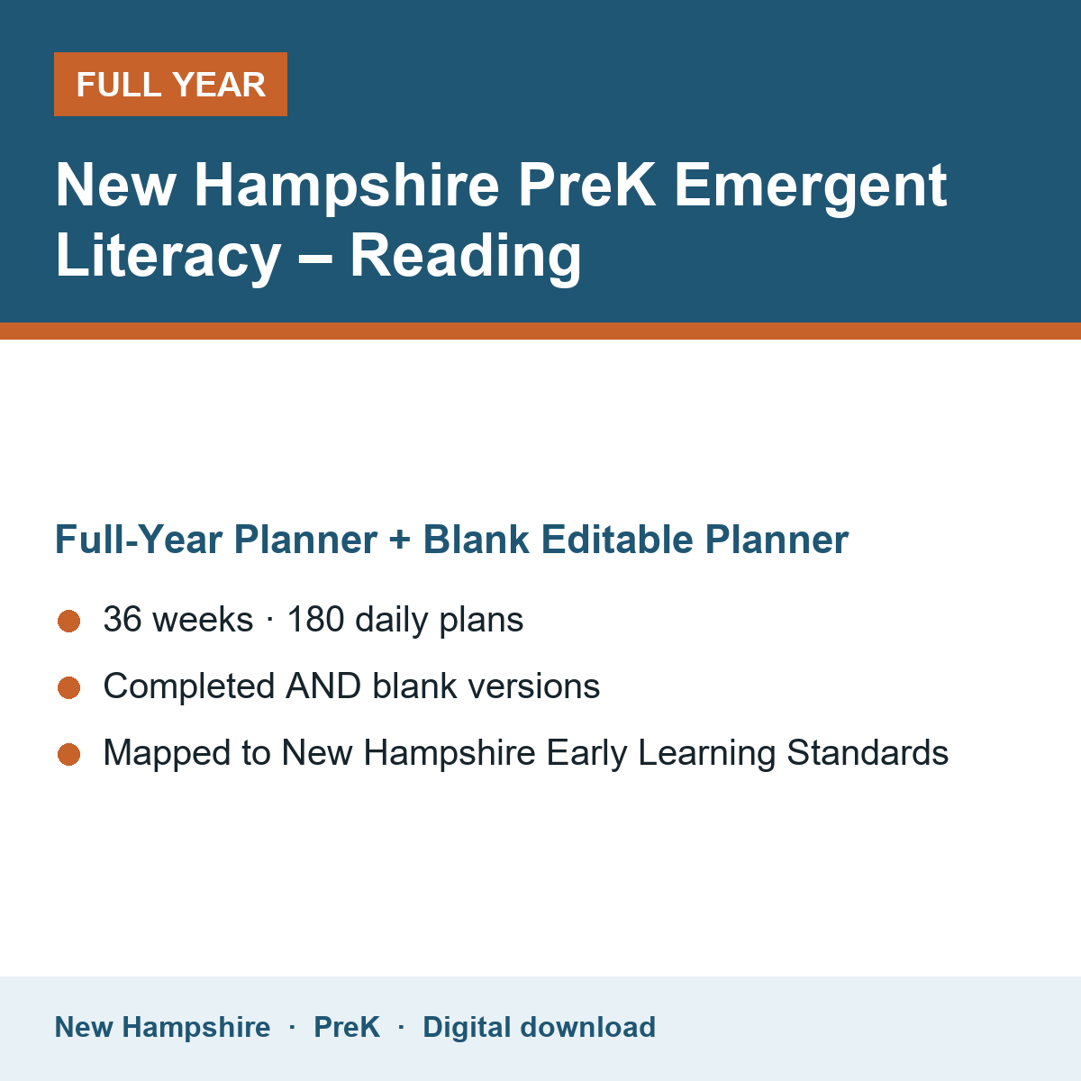 Cover of the New Hampshire PreK Emergent Literacy – Reading full-year teacher planner