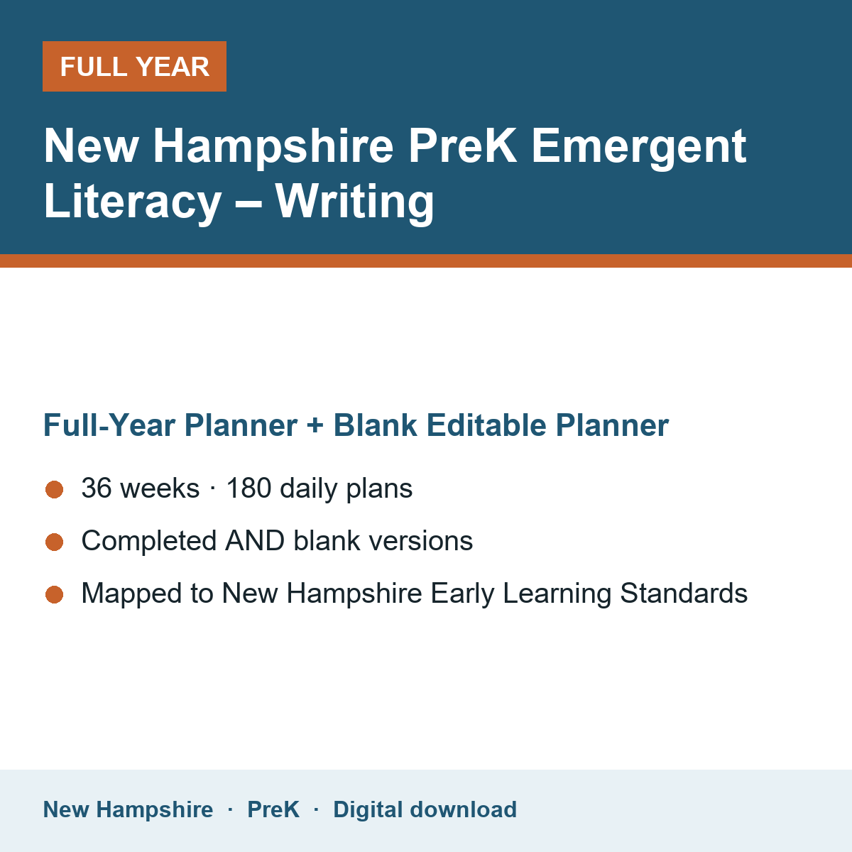 Cover of the New Hampshire PreK Emergent Literacy – Writing full-year teacher planner