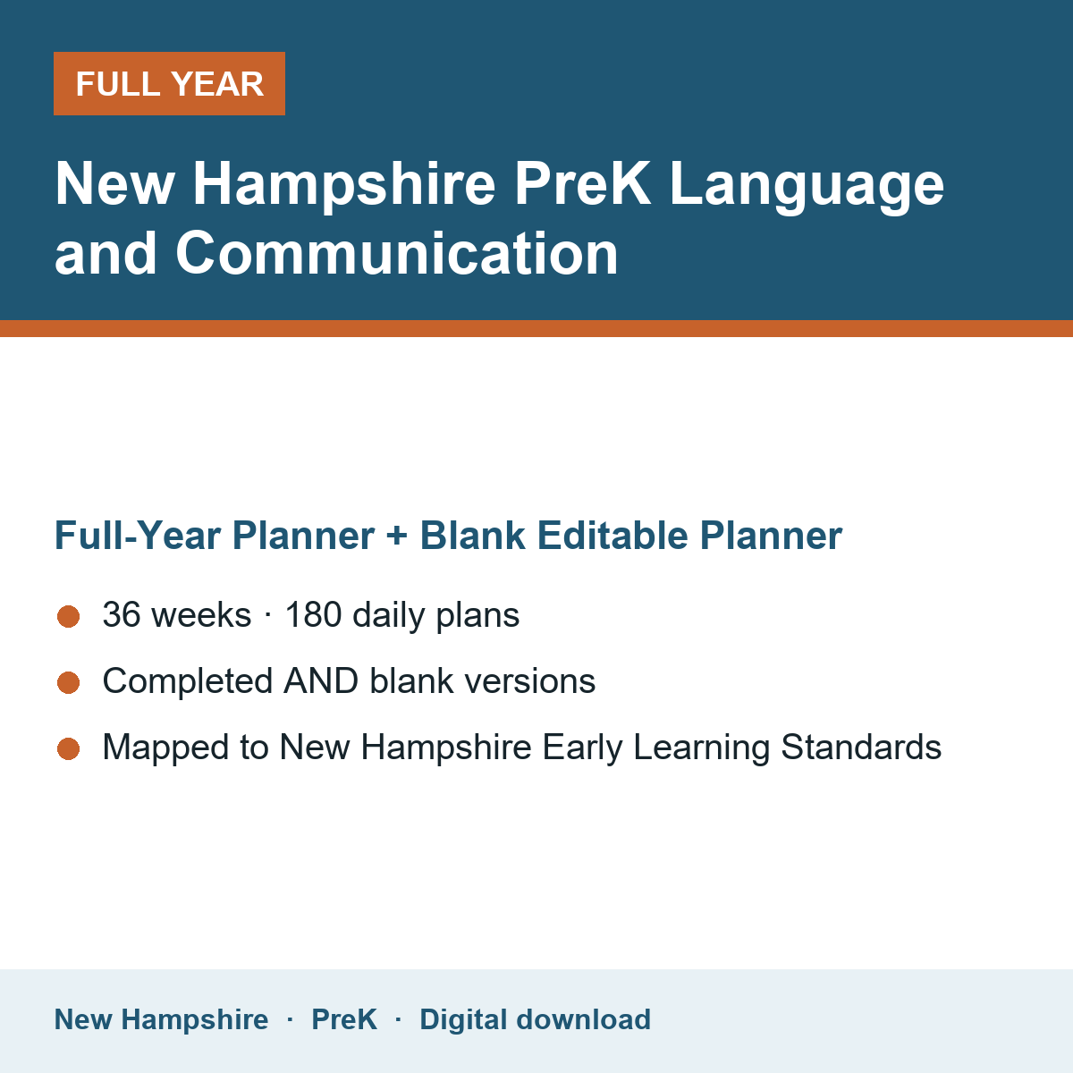 Cover of the New Hampshire PreK Language and Communication full-year teacher planner