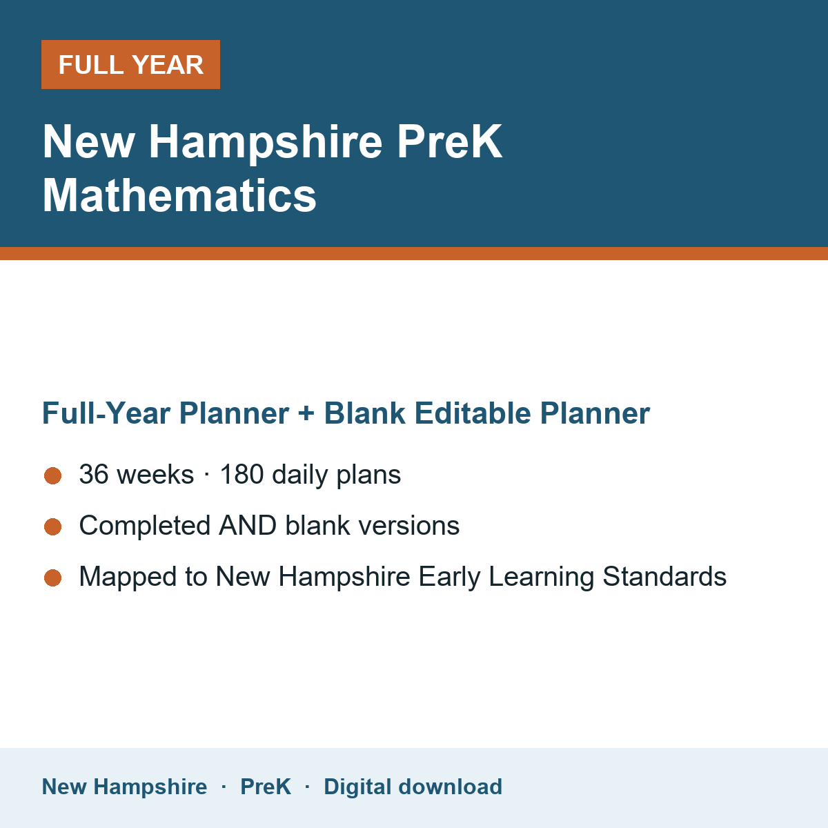 Cover of the New Hampshire PreK Mathematics full-year teacher planner