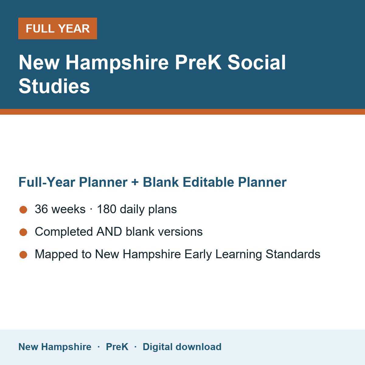 Cover of the New Hampshire PreK Social Studies full-year teacher planner