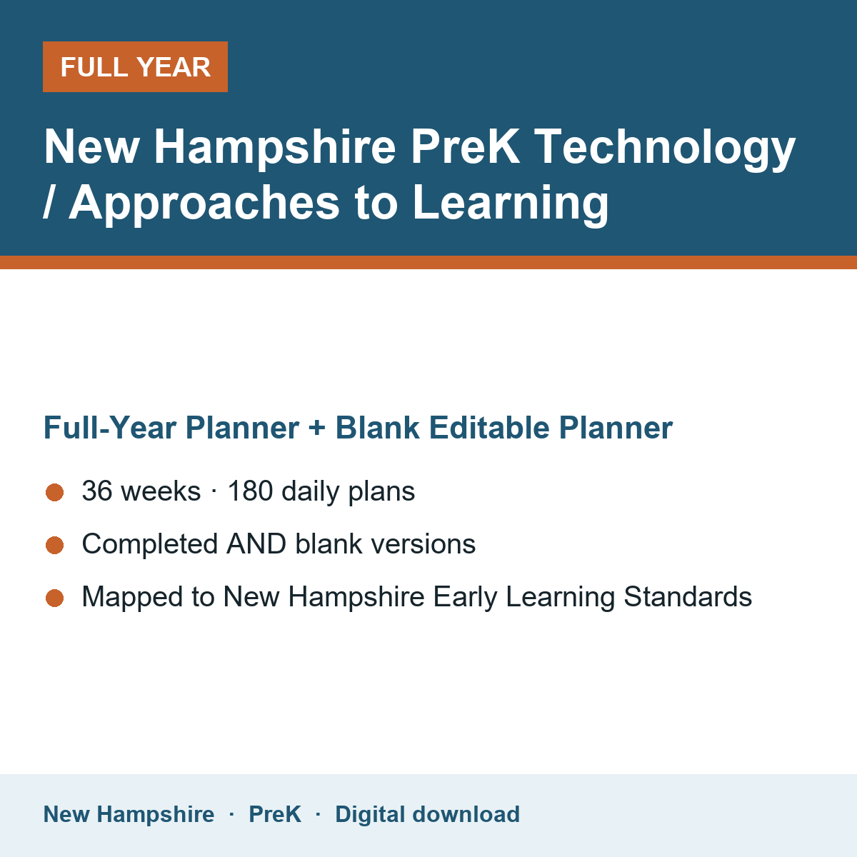 Cover of the New Hampshire PreK Technology / Approaches to Learning full-year teacher planner