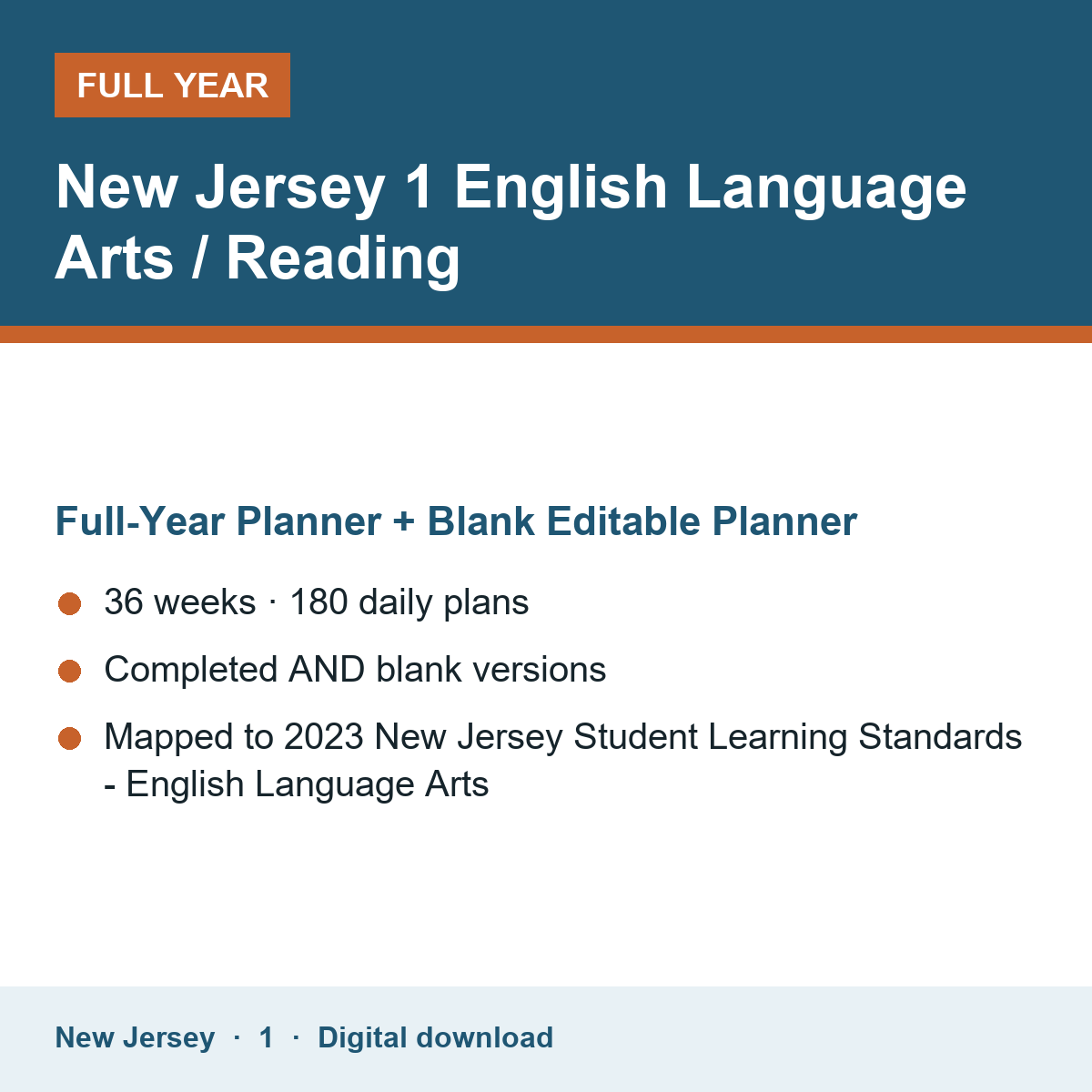 Cover of the New Jersey Grade 1 English Language Arts / Reading full-year teacher planner