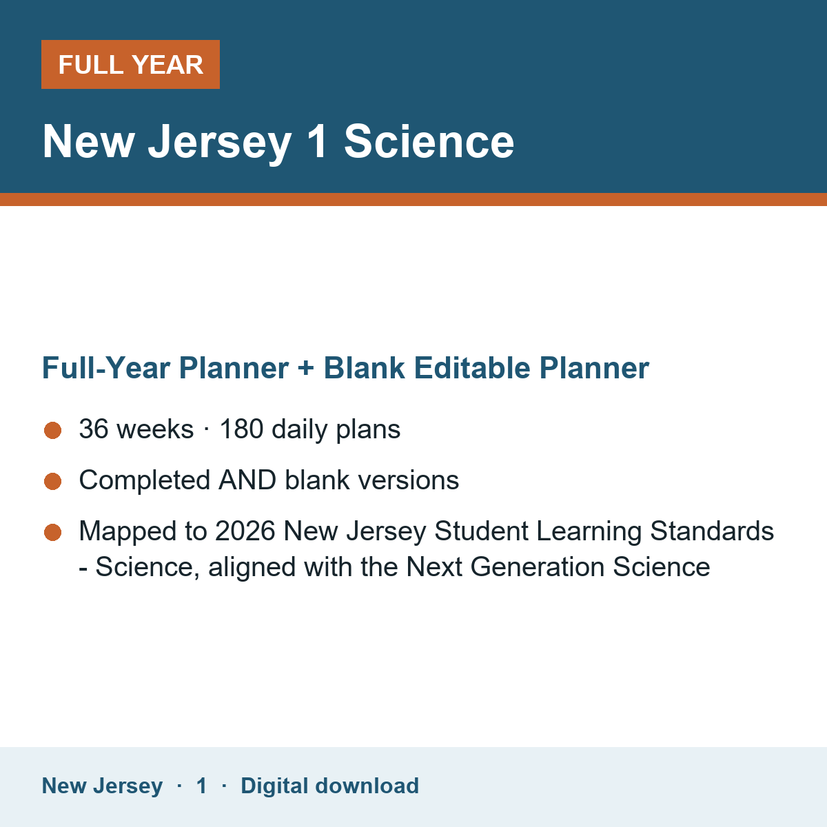 Cover of the New Jersey Grade 1 Science full-year teacher planner