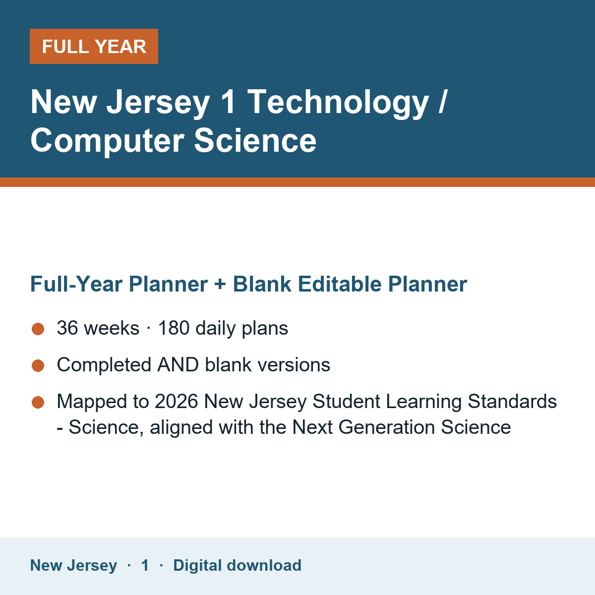 Cover of the New Jersey Grade 1 Technology / Computer Science full-year teacher planner