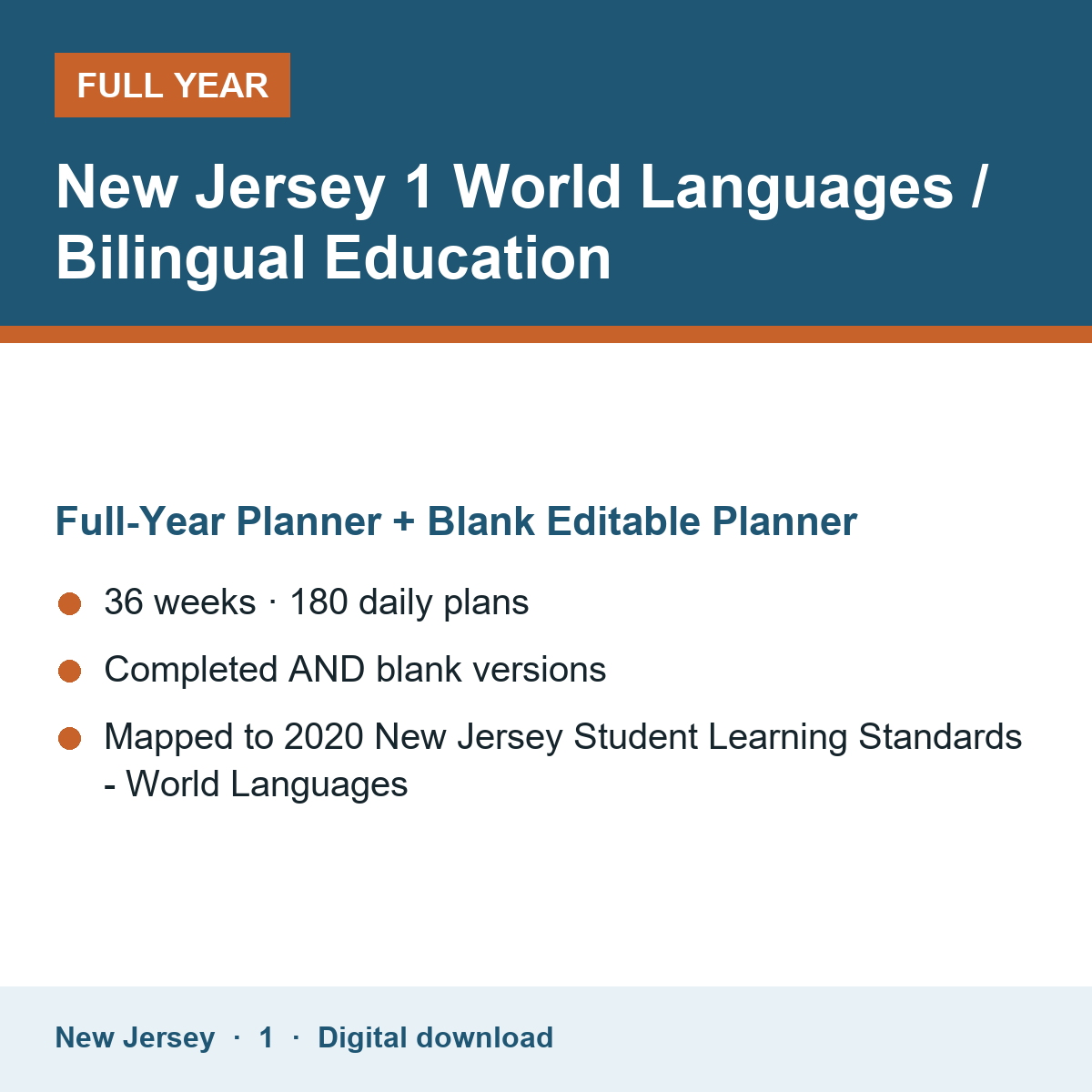 Cover of the New Jersey Grade 1 World Languages / Bilingual Education full-year teacher planner