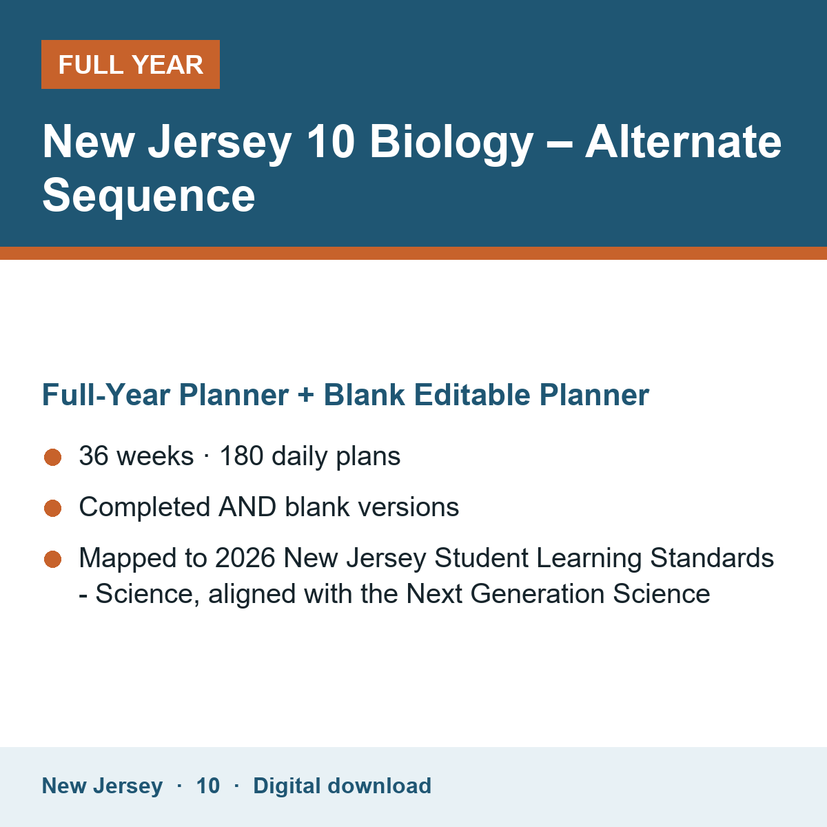 Cover of the New Jersey Grade 10 Biology – Alternate Sequence full-year teacher planner