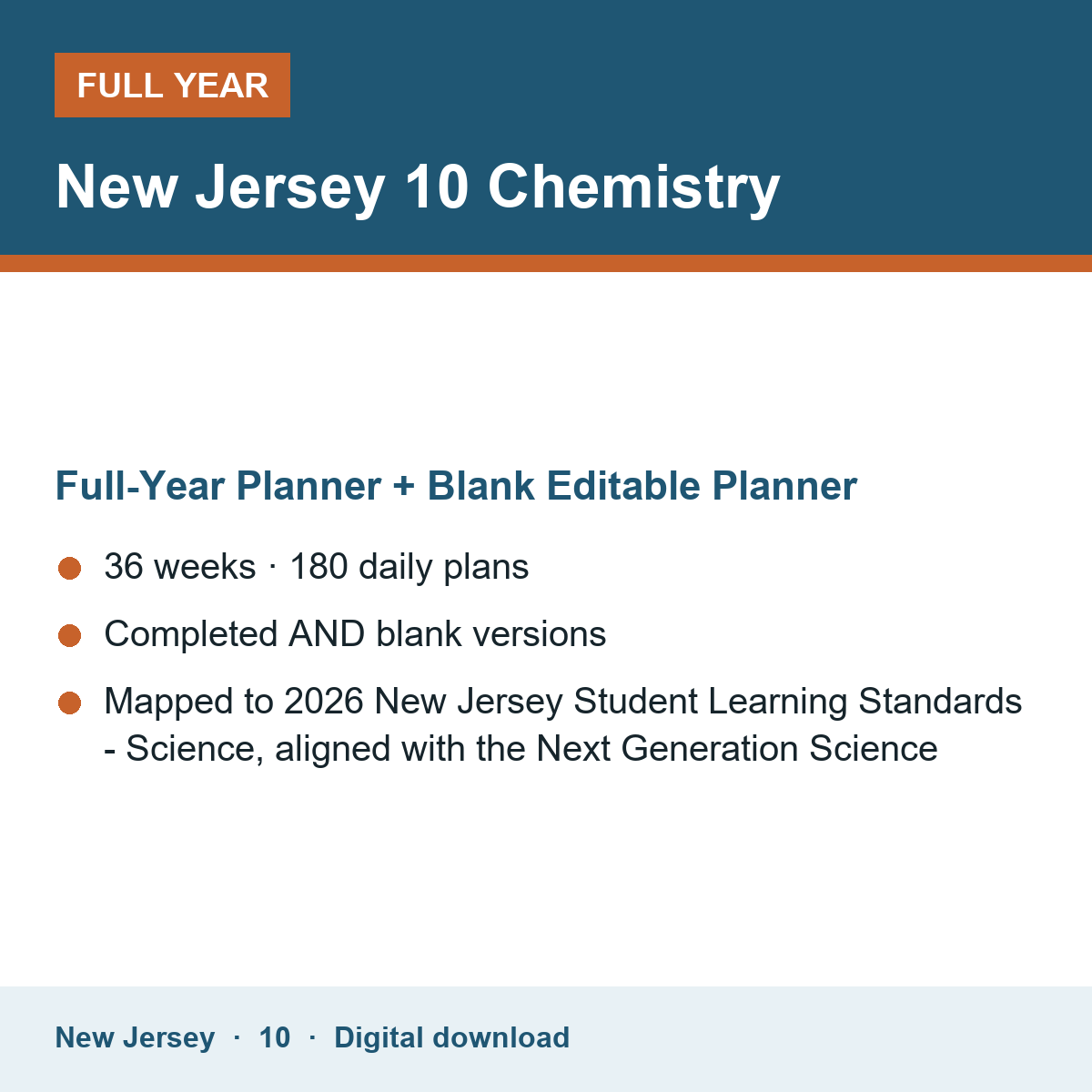 Cover of the New Jersey Grade 10 Chemistry full-year teacher planner