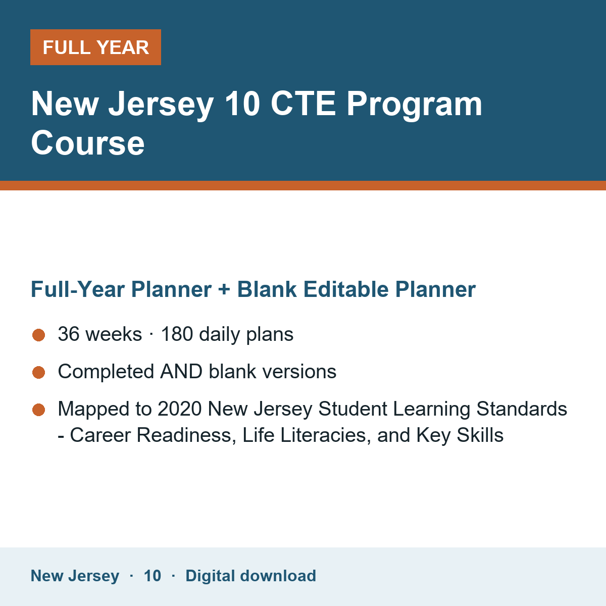 Cover of the New Jersey Grade 10 CTE Program Course full-year teacher planner