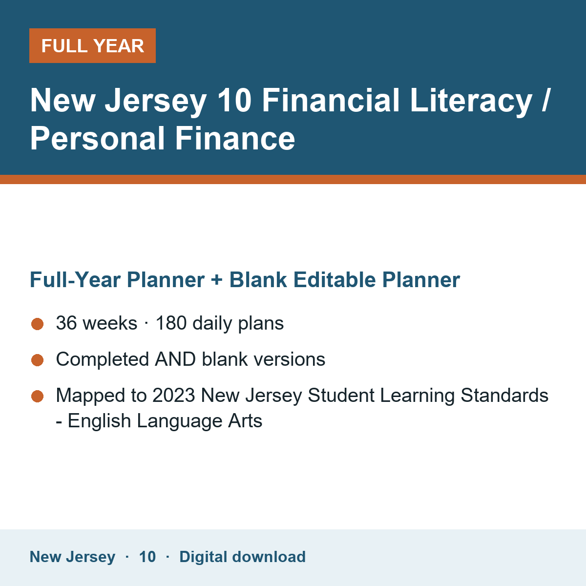 Cover of the New Jersey Grade 10 Financial Literacy / Personal Finance full-year teacher planner