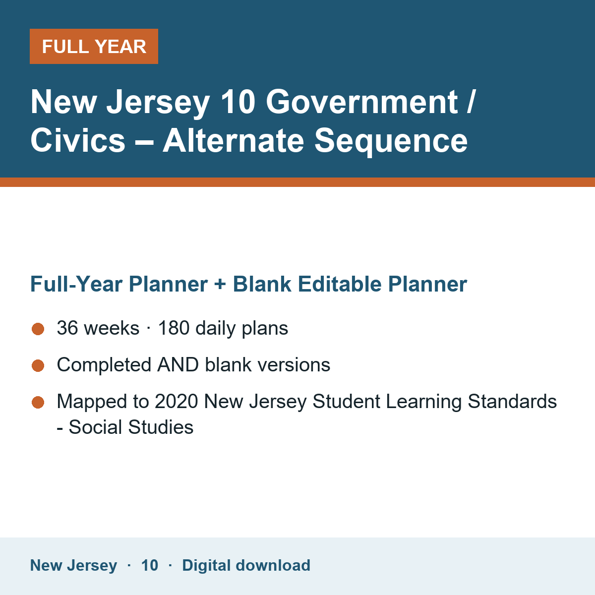 Cover of the New Jersey Grade 10 Government / Civics – Alternate Sequence full-year teacher planner