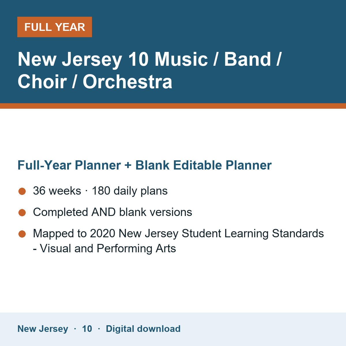 Cover of the New Jersey Grade 10 Music / Band / Choir / Orchestra full-year teacher planner