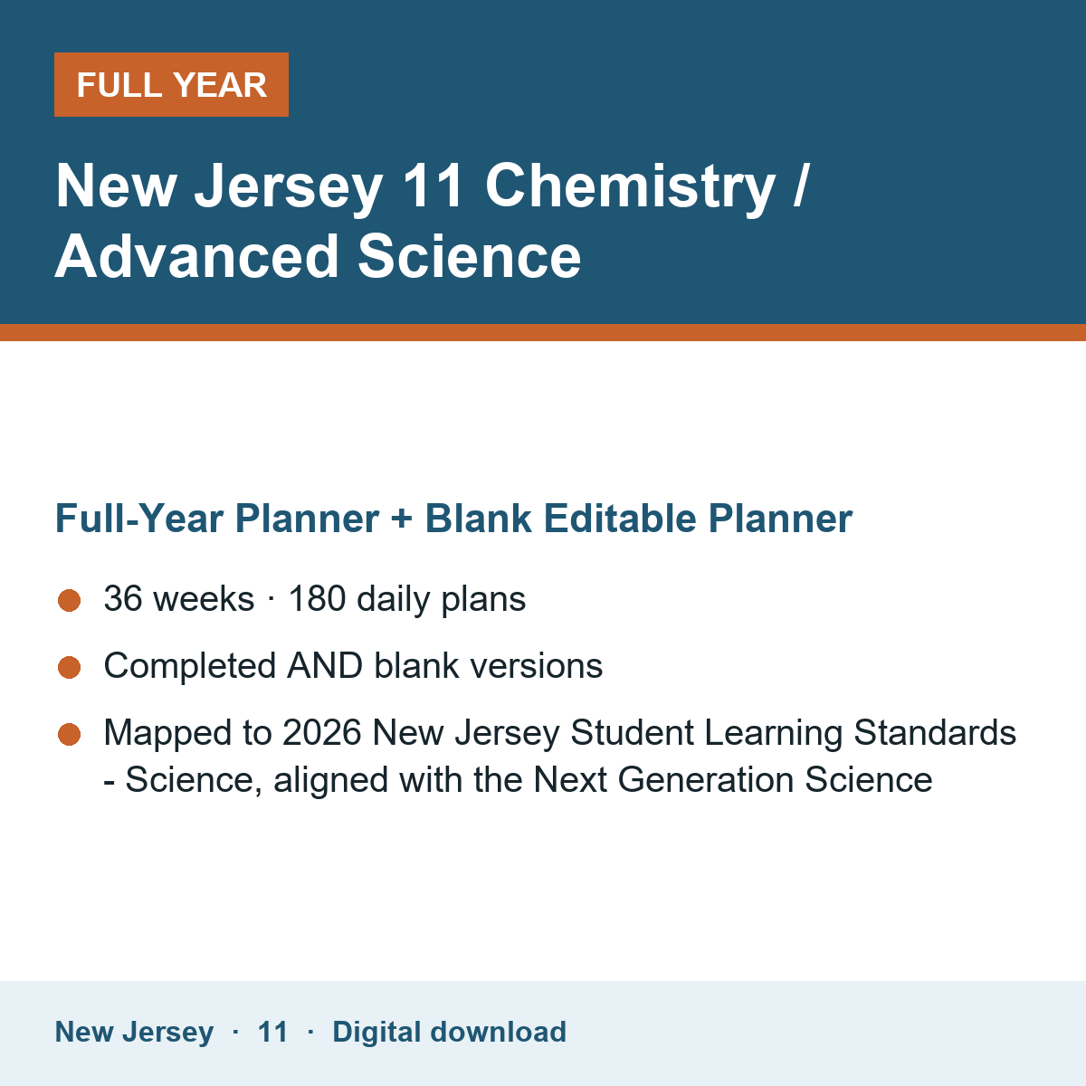 Cover of the New Jersey Grade 11 Chemistry / Advanced Science full-year teacher planner