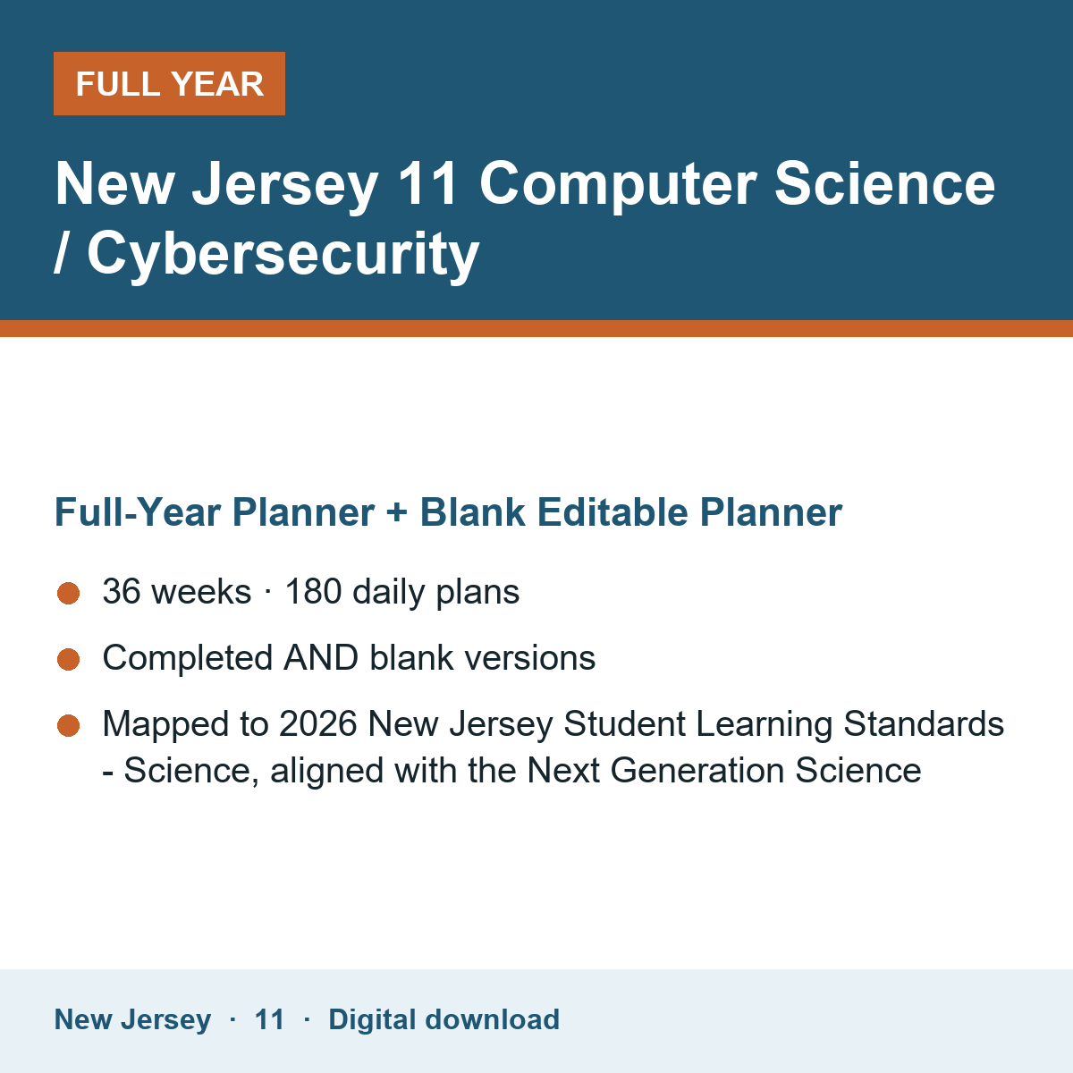 Cover of the New Jersey Grade 11 Computer Science / Cybersecurity full-year teacher planner