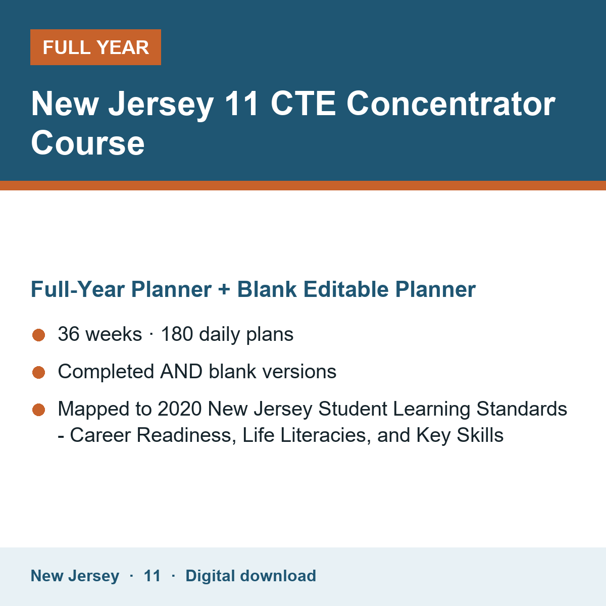 Cover of the New Jersey Grade 11 CTE Concentrator Course full-year teacher planner