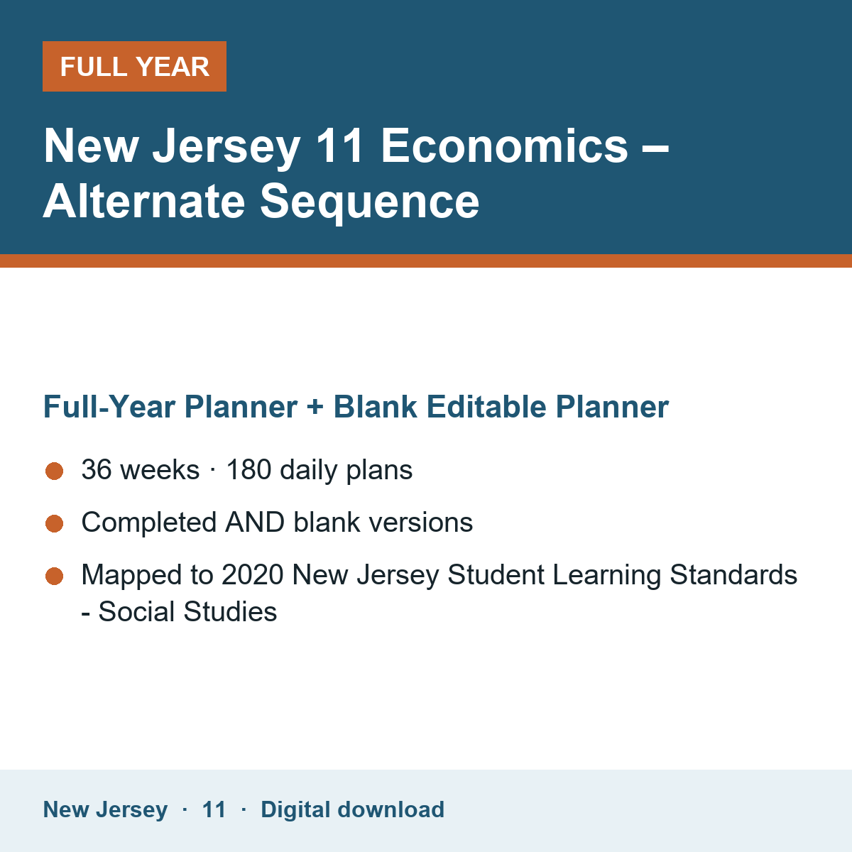 Cover of the New Jersey Grade 11 Economics – Alternate Sequence full-year teacher planner
