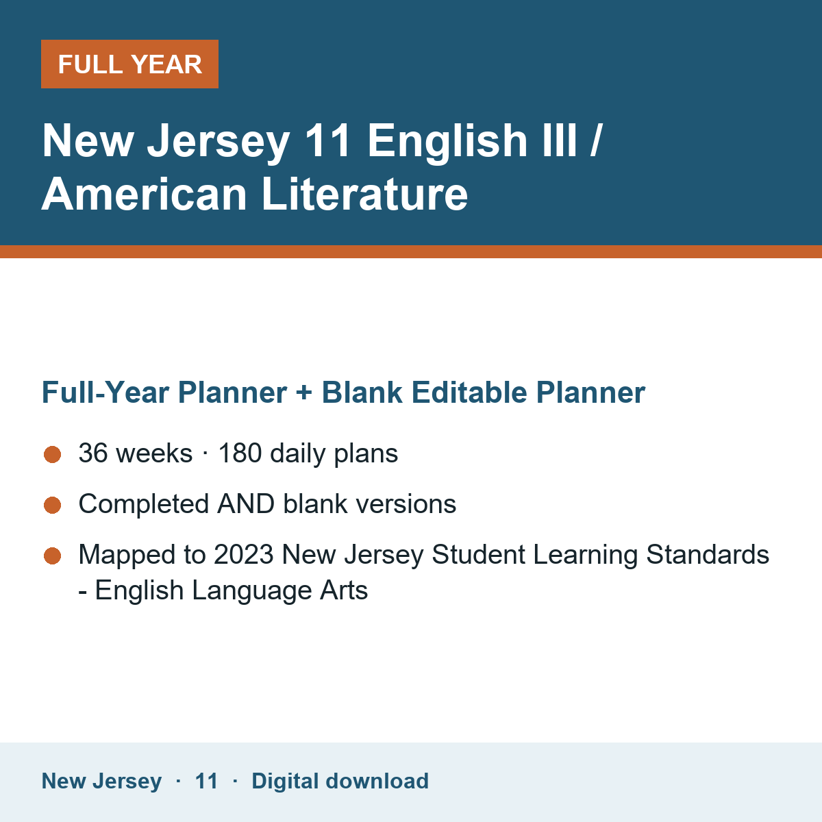 Cover of the New Jersey Grade 11 English III / American Literature full-year teacher planner