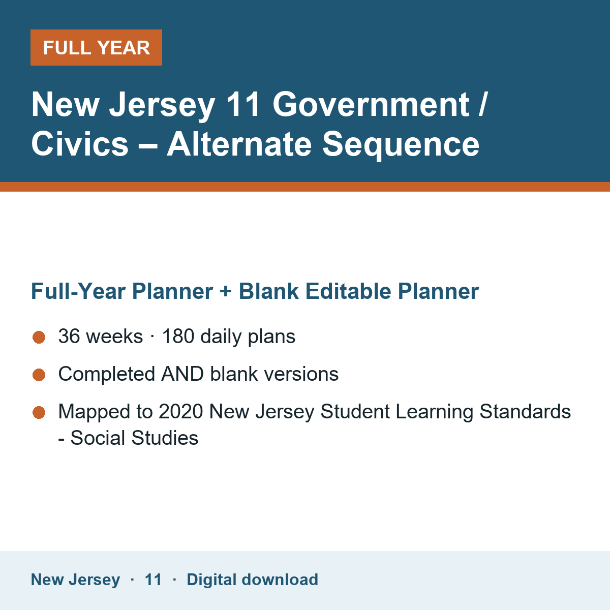 Cover of the New Jersey Grade 11 Government / Civics – Alternate Sequence full-year teacher planner