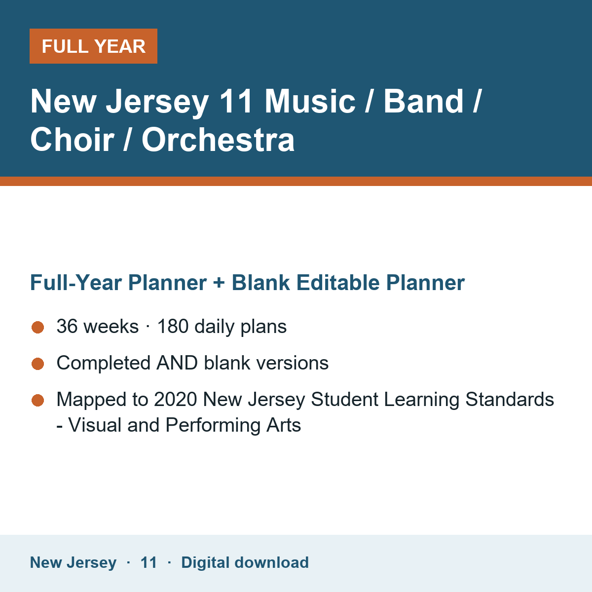 Cover of the New Jersey Grade 11 Music / Band / Choir / Orchestra full-year teacher planner