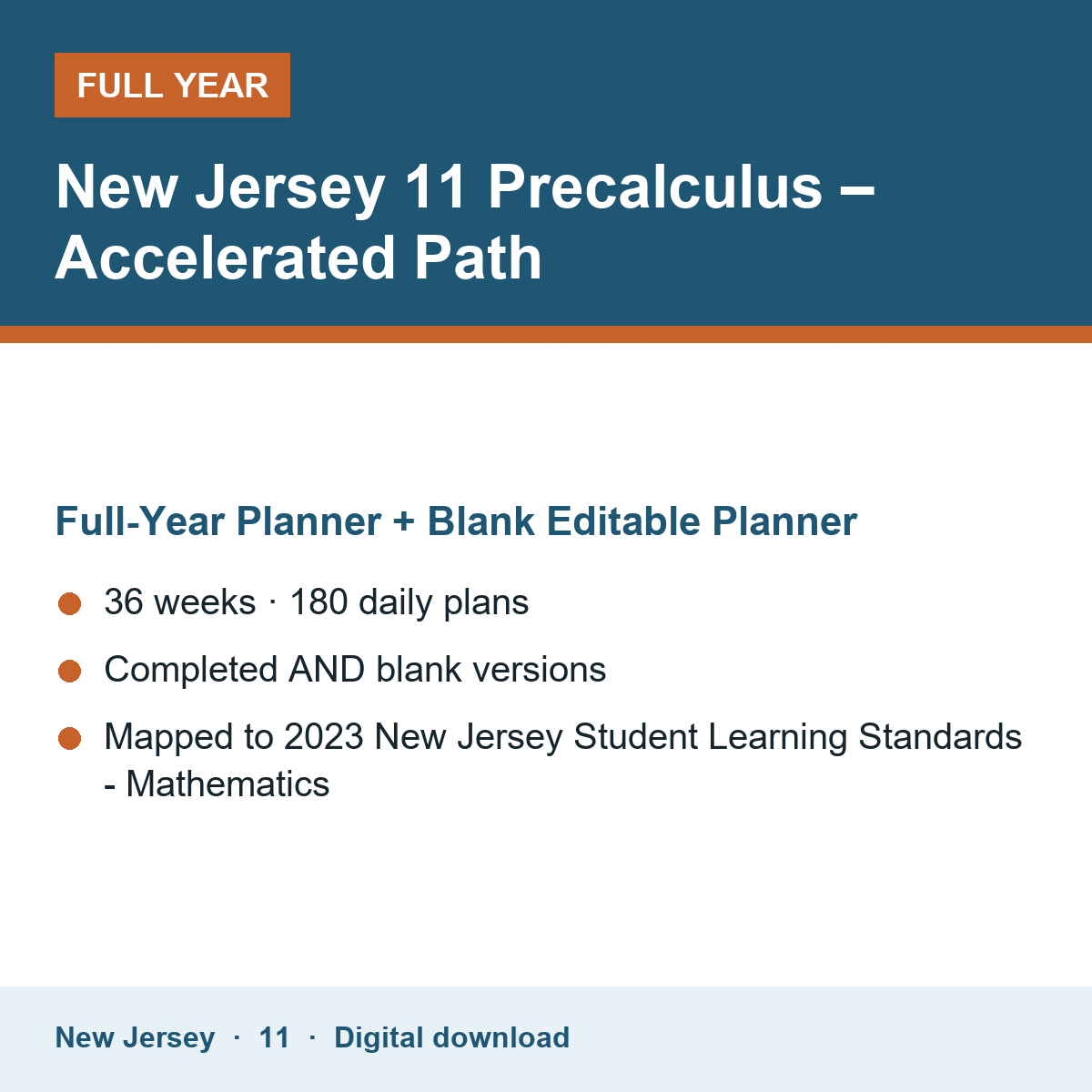 Cover of the New Jersey Grade 11 Precalculus – Accelerated Path full-year teacher planner