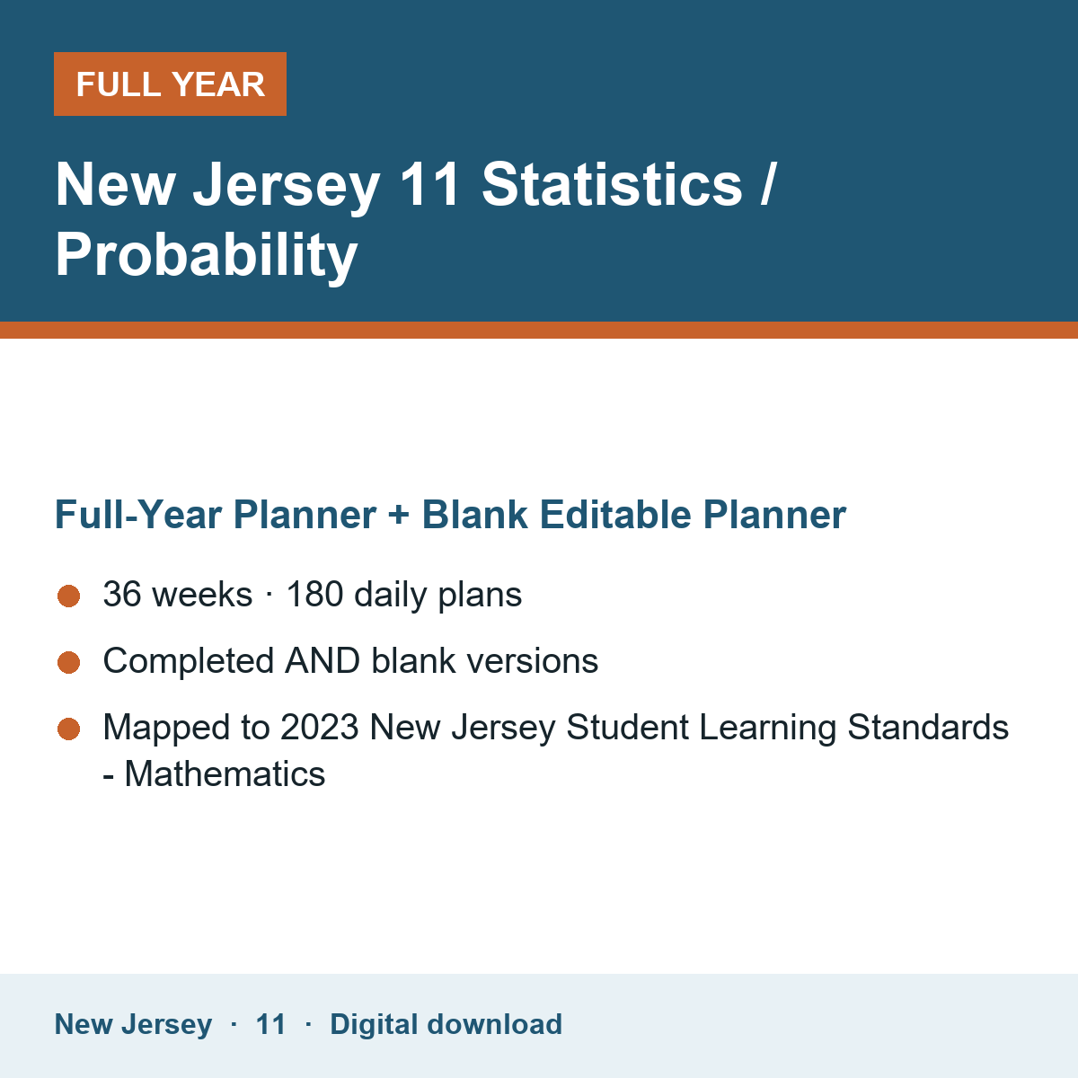 Cover of the New Jersey Grade 11 Statistics / Probability full-year teacher planner