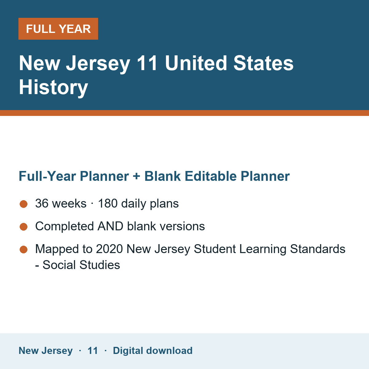 Cover of the New Jersey Grade 11 United States History full-year teacher planner