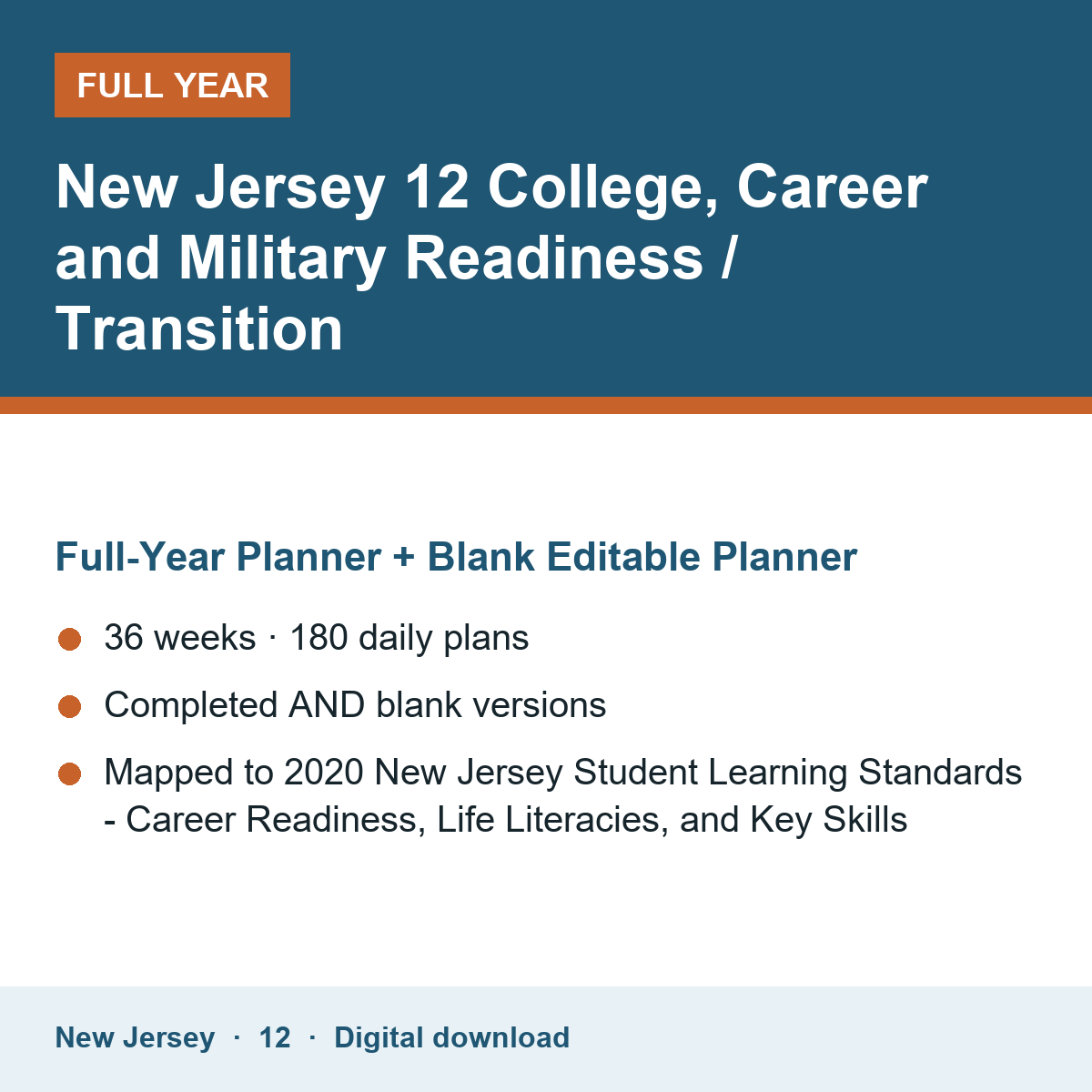 Cover of the New Jersey Grade 12 College, Career and Military Readiness / Transition full-year teacher planner