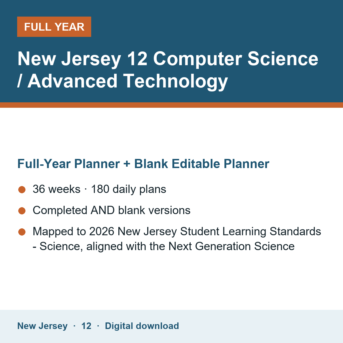 Cover of the New Jersey Grade 12 Computer Science / Advanced Technology full-year teacher planner