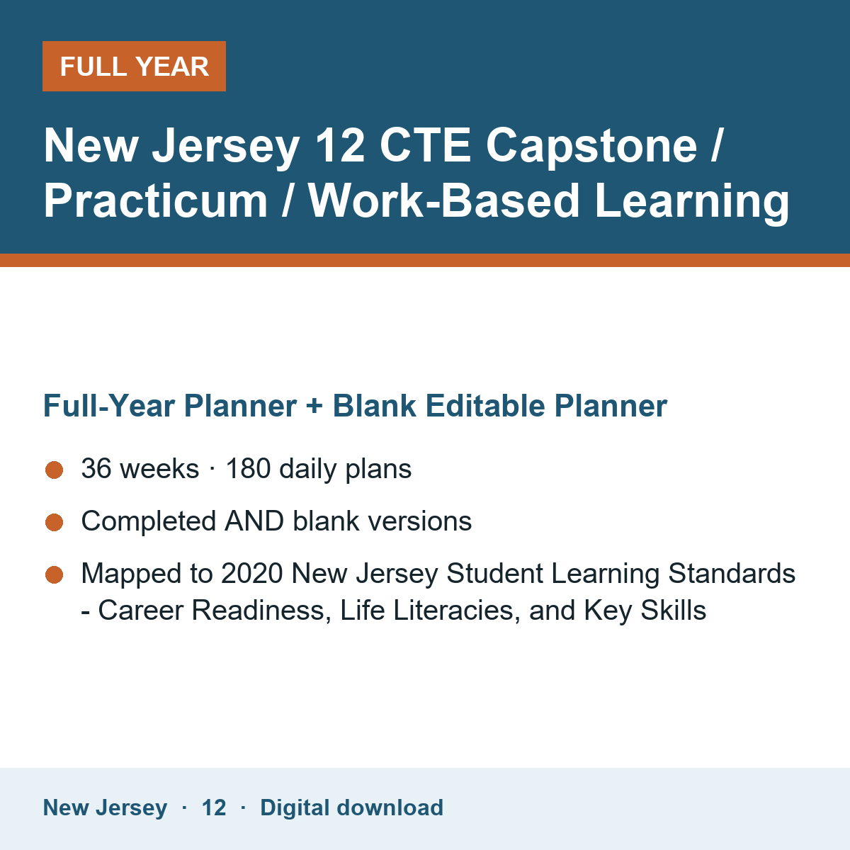 Cover of the New Jersey Grade 12 CTE Capstone / Practicum / Work-Based Learning full-year teacher planner