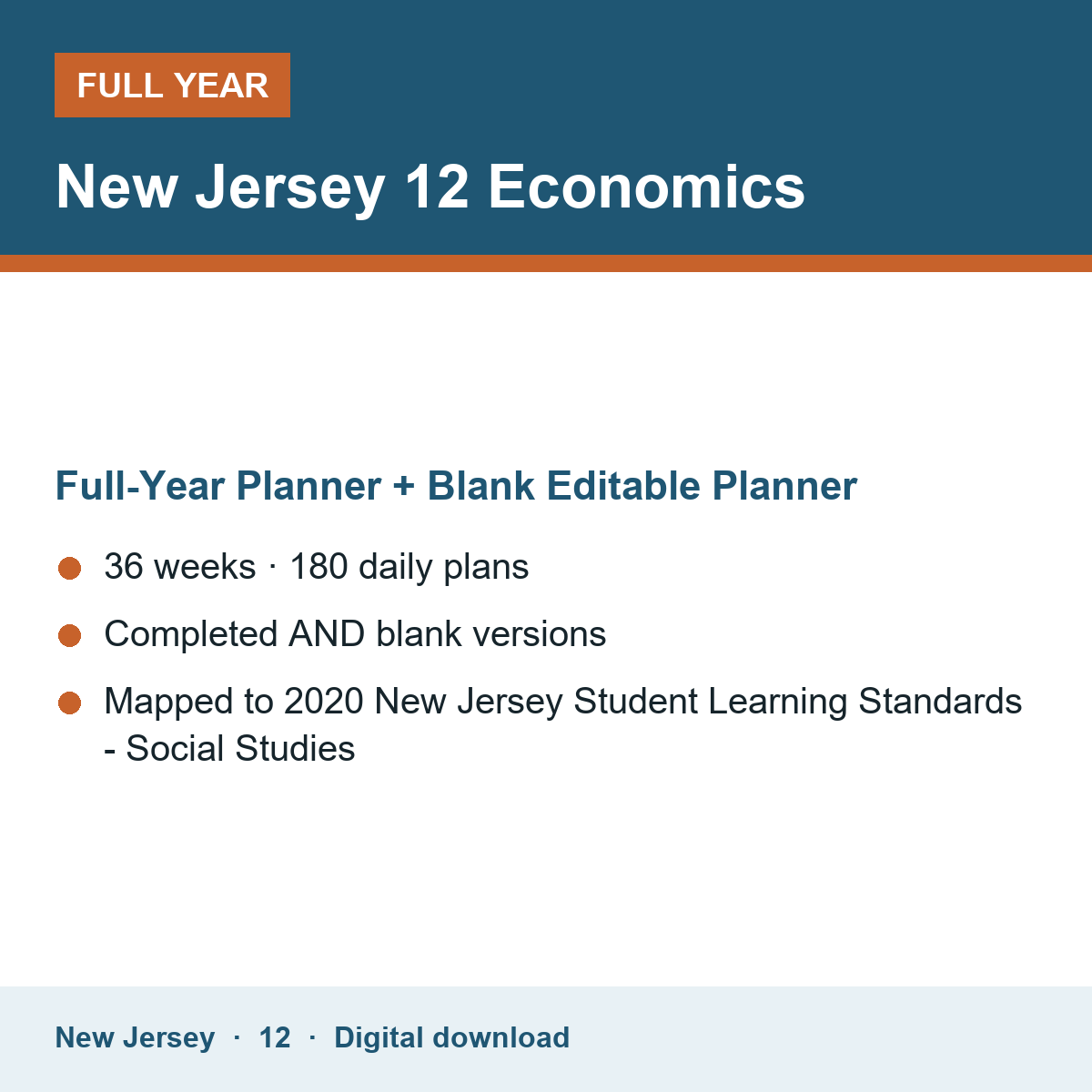 Cover of the New Jersey Grade 12 Economics full-year teacher planner
