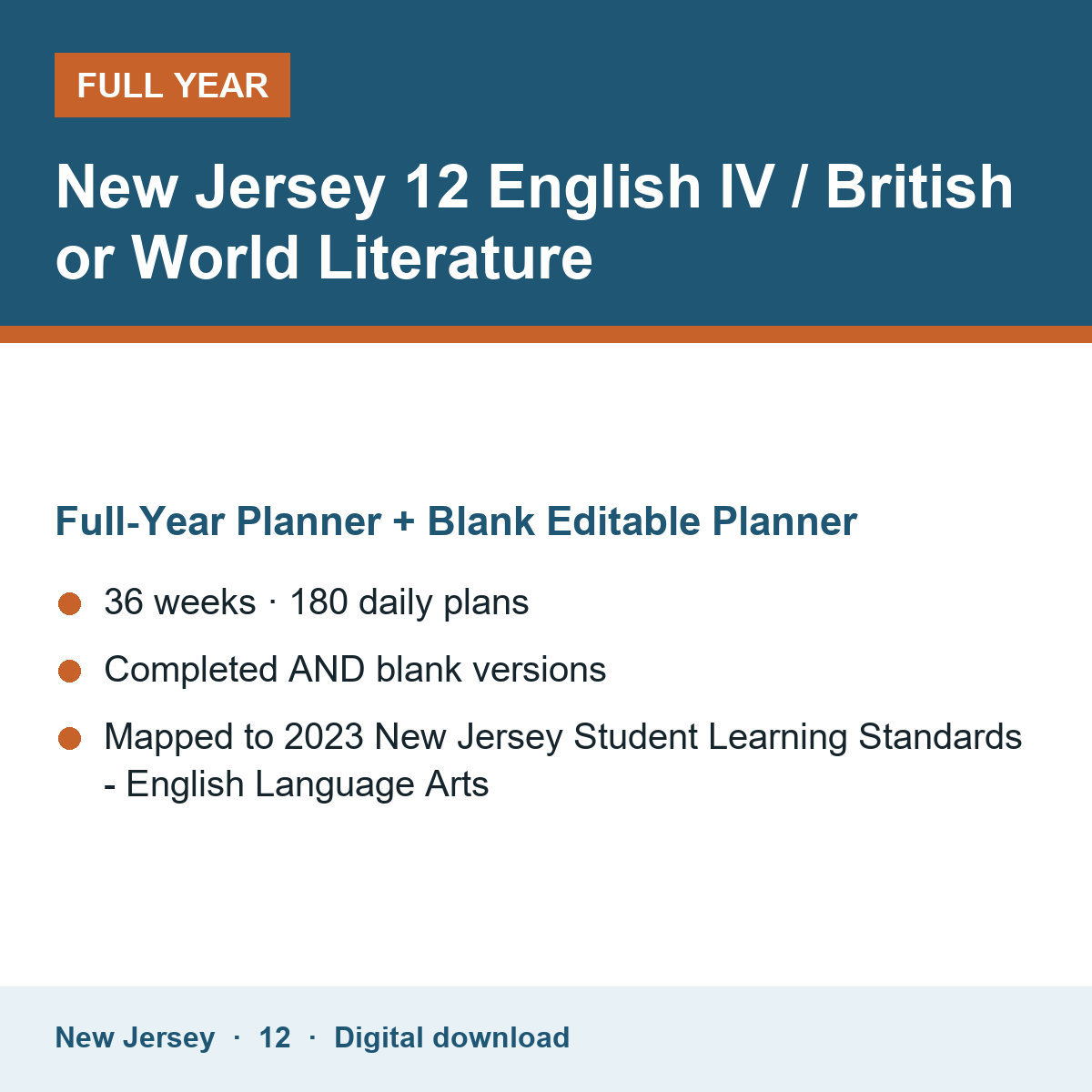 Cover of the New Jersey Grade 12 English IV / British or World Literature full-year teacher planner