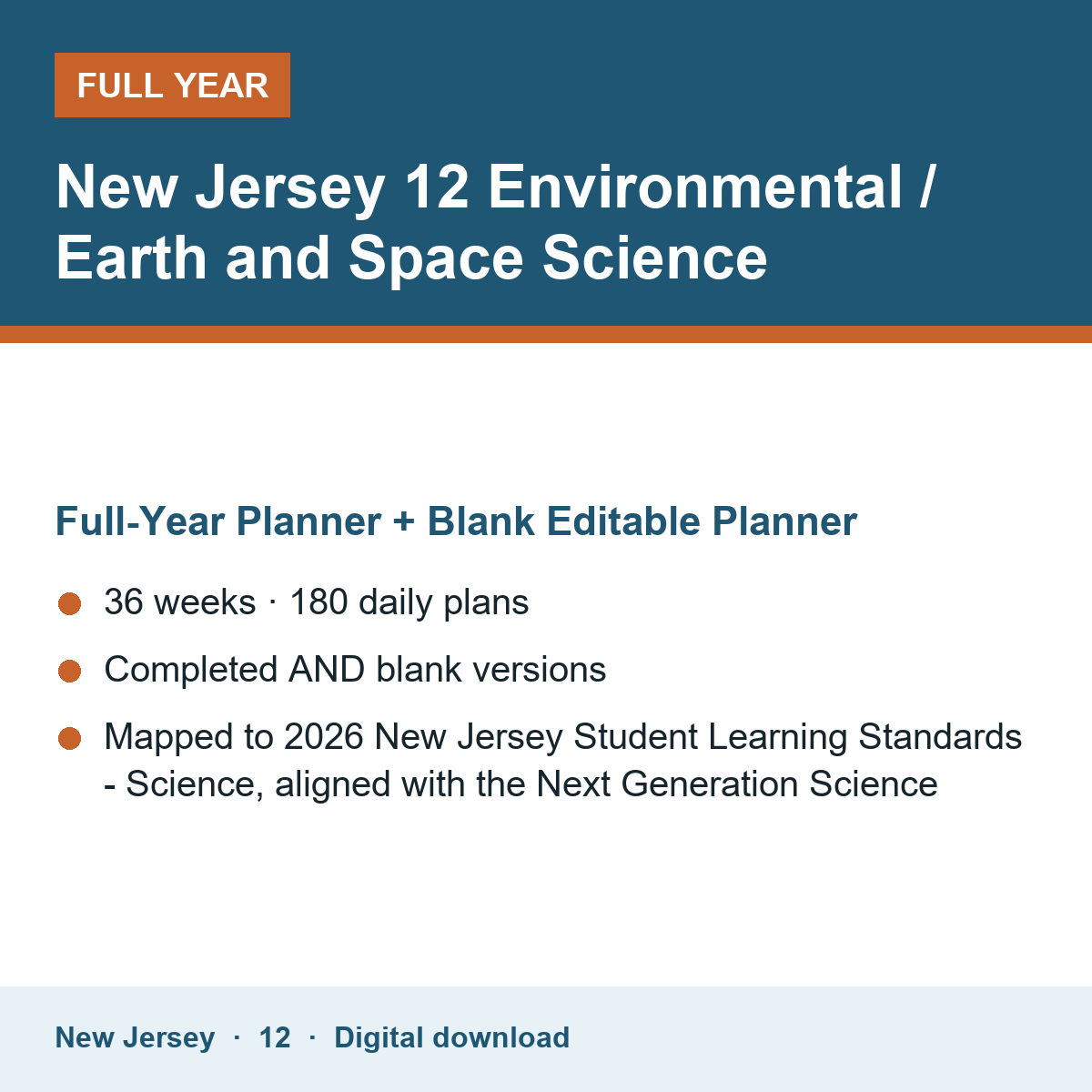 Cover of the New Jersey Grade 12 Environmental / Earth and Space Science full-year teacher planner