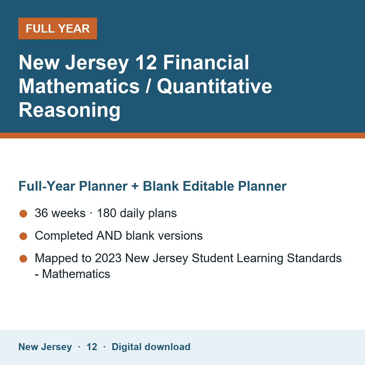 Cover of the New Jersey Grade 12 Financial Mathematics / Quantitative Reasoning full-year teacher planner