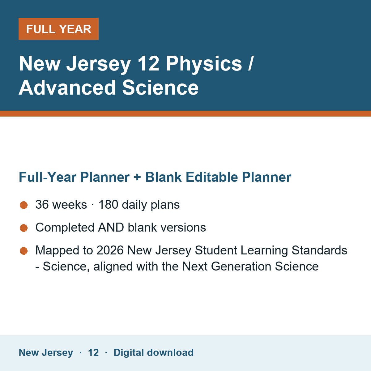 Cover of the New Jersey Grade 12 Physics / Advanced Science full-year teacher planner