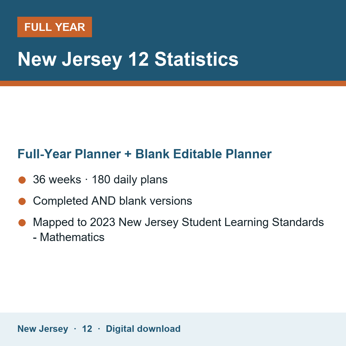 Cover of the New Jersey Grade 12 Statistics full-year teacher planner