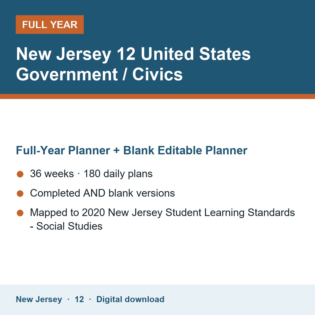Cover of the New Jersey Grade 12 United States Government / Civics full-year teacher planner