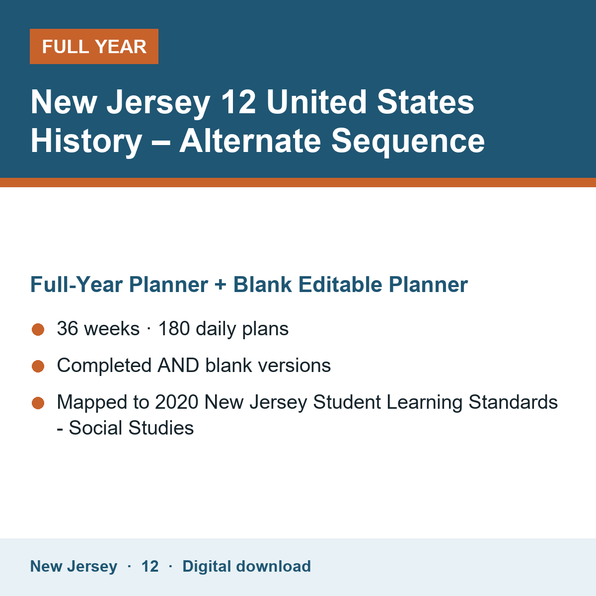 Cover of the New Jersey Grade 12 United States History – Alternate Sequence full-year teacher planner