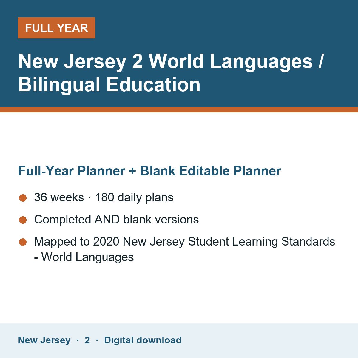 Cover of the New Jersey Grade 2 World Languages / Bilingual Education full-year teacher planner