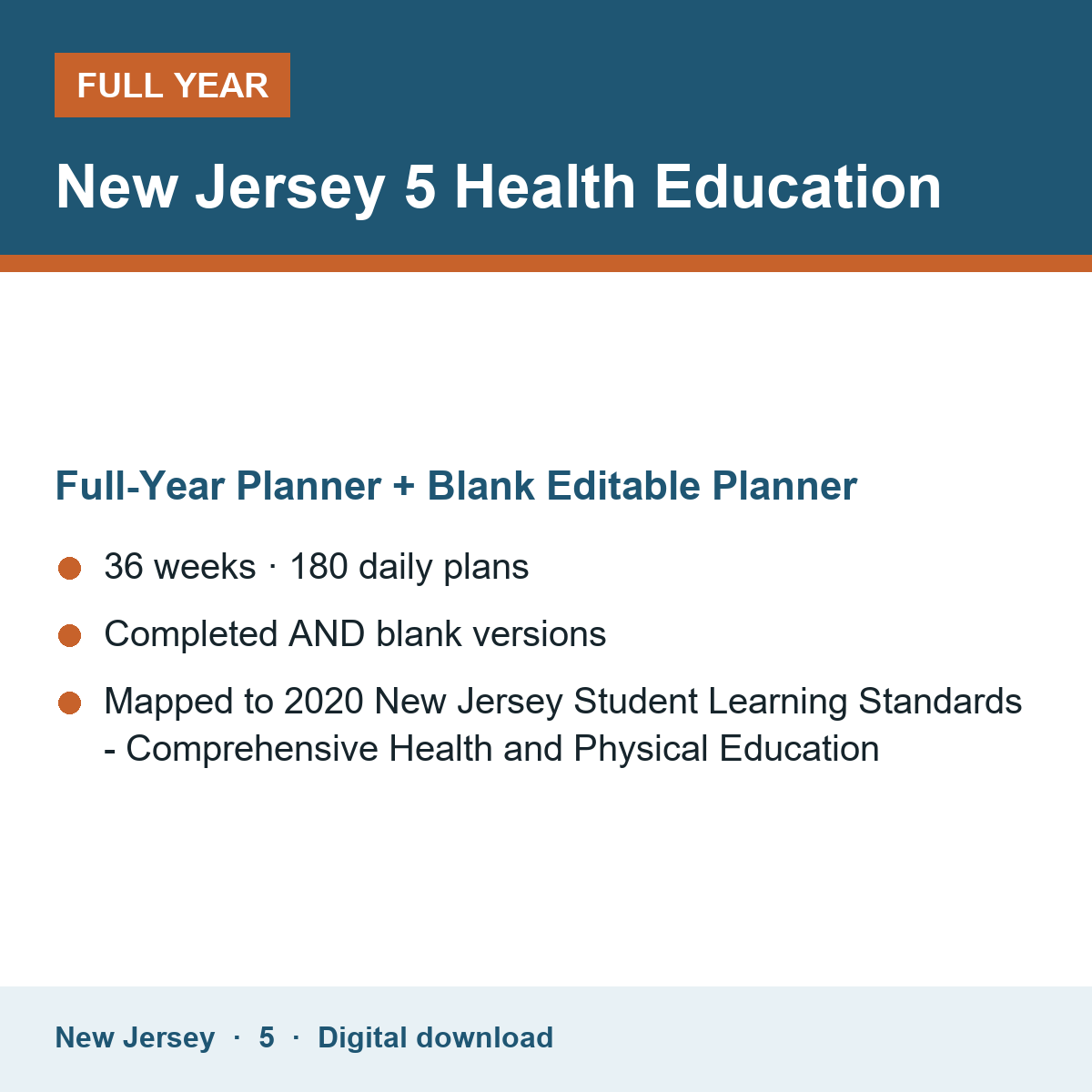 Cover of the New Jersey Grade 5 Health Education full-year teacher planner