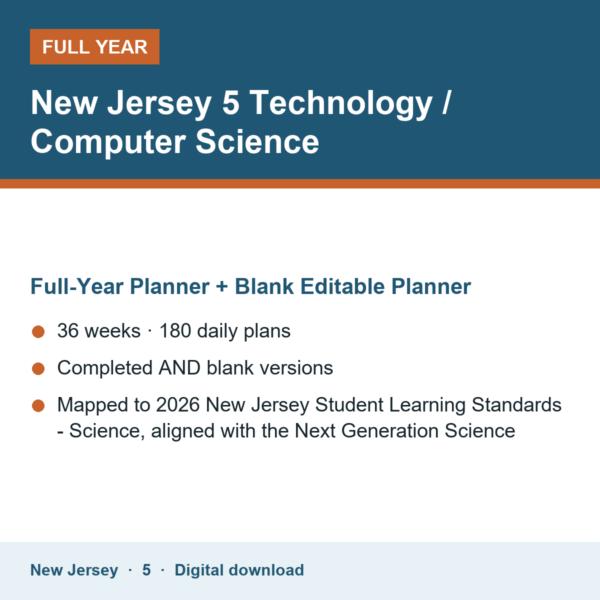 Cover of the New Jersey Grade 5 Technology / Computer Science full-year teacher planner