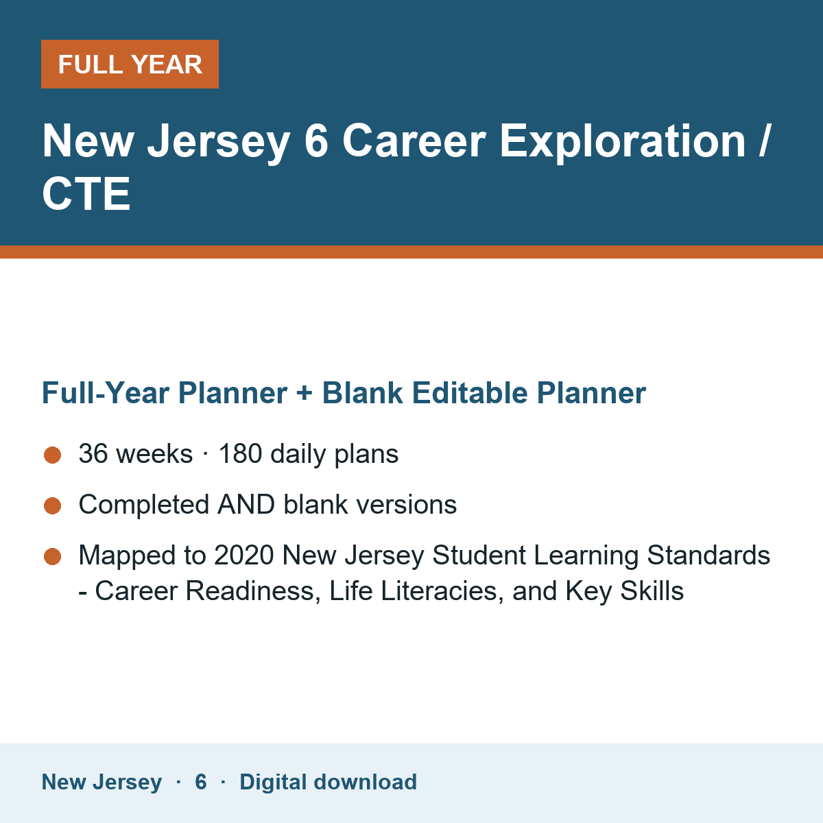 Cover of the New Jersey Grade 6 Career Exploration / CTE full-year teacher planner
