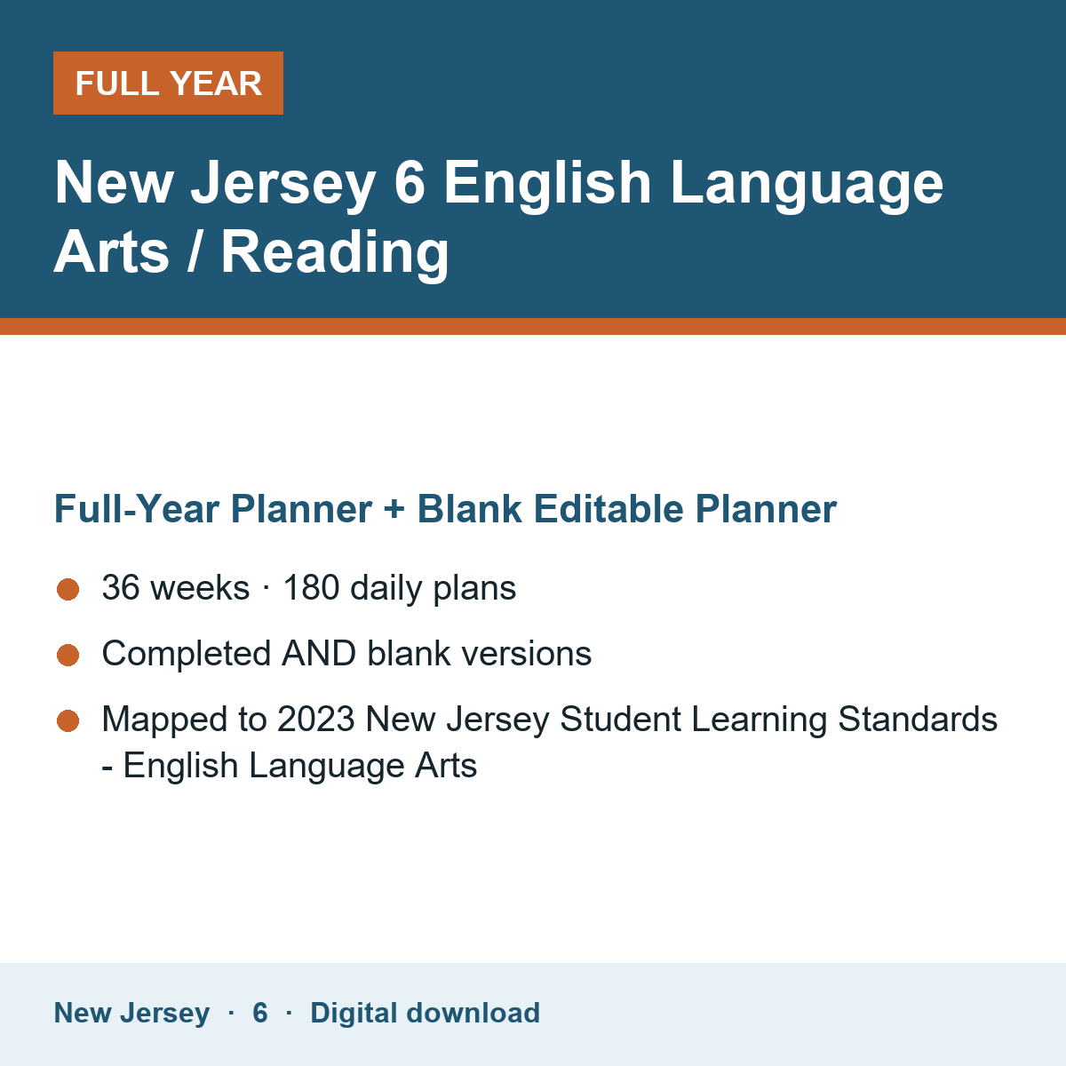 Cover of the New Jersey Grade 6 English Language Arts / Reading full-year teacher planner