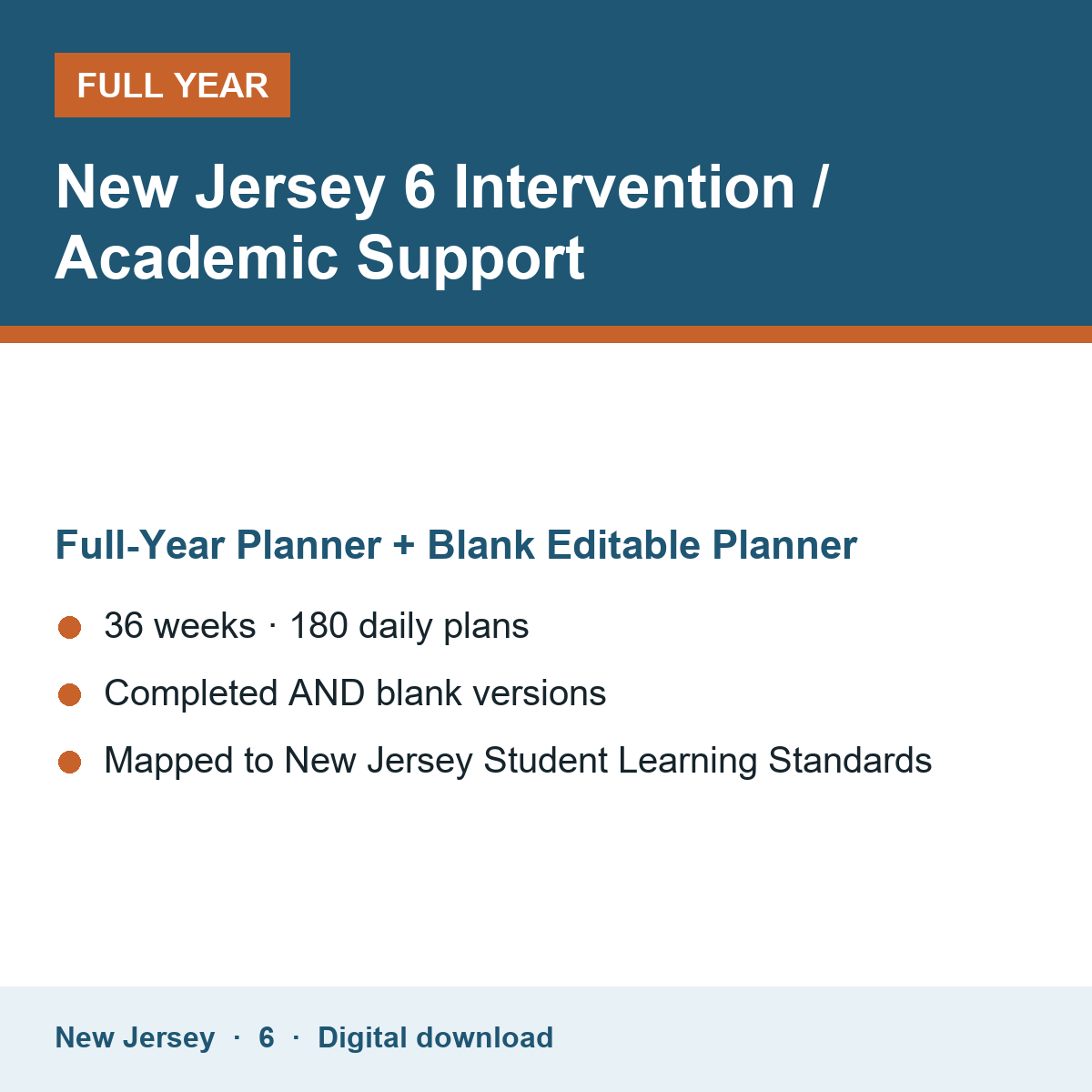 Cover of the New Jersey Grade 6 Intervention / Academic Support full-year teacher planner