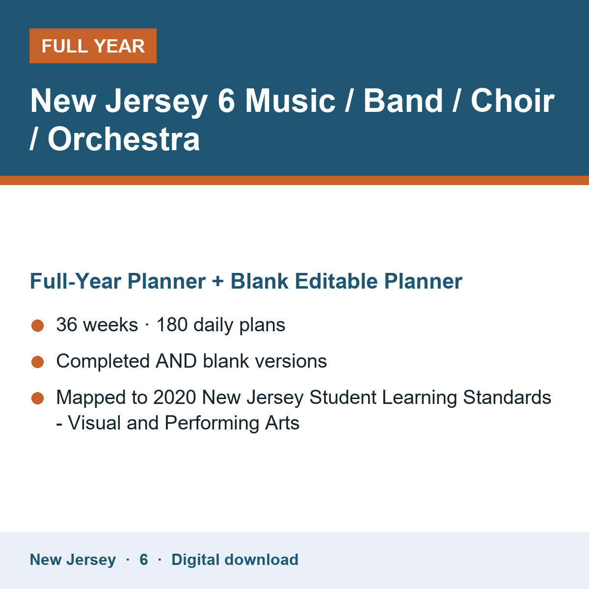 Cover of the New Jersey Grade 6 Music / Band / Choir / Orchestra full-year teacher planner